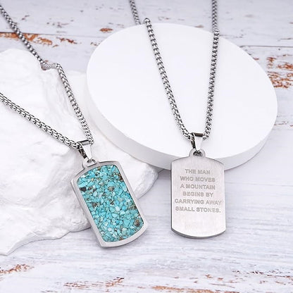 Stainless Steel Gemstone Dog Tag Necklace - Green Turquoise