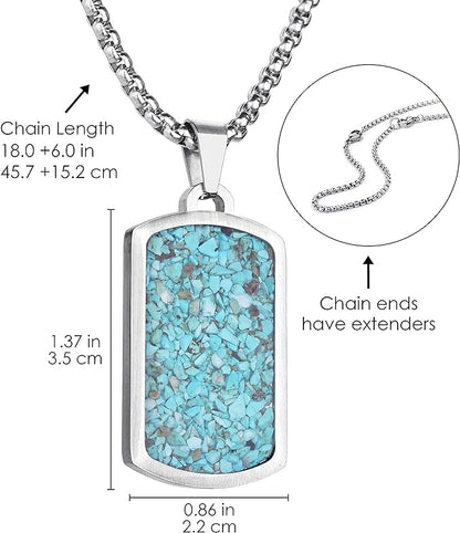 Stainless Steel Gemstone Dog Tag Necklace - Green Turquoise