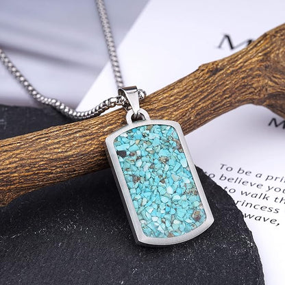 Stainless Steel Gemstone Dog Tag Necklace - Green Turquoise