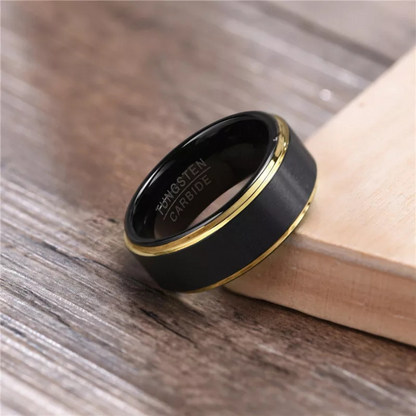 Black and Gold Beveled Edge Tungsten Carbide Ring