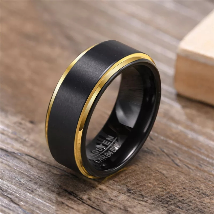 Black and Gold Beveled Edge Tungsten Carbide Ring