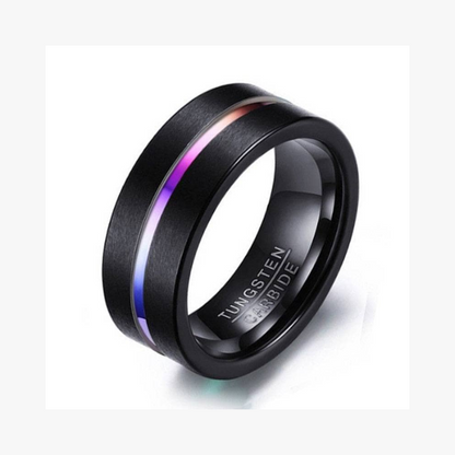 Black Tungsten Carbide Ring with Rainbow Line