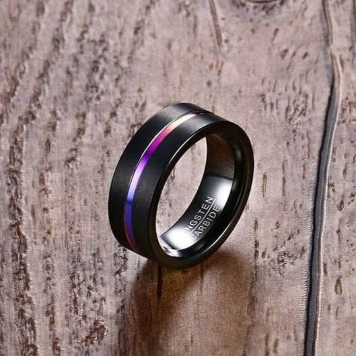 Black Tungsten Carbide Ring with Rainbow Line