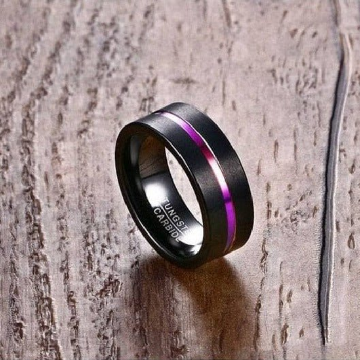 Black Tungsten Carbide Ring with Rainbow Line