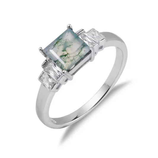 Tiffany S925 Green Moss Agate Emerald Cut Ring