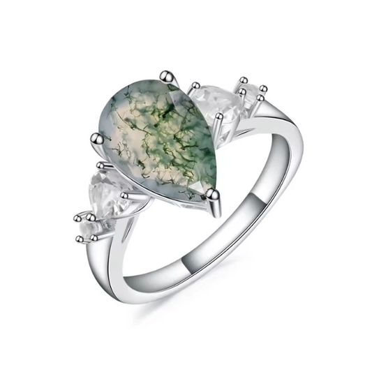 Penny S925 Pear Cut Natural Green Moss Agate Ring