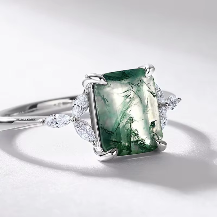 Dhia Emerald Cut Natural Moss Agate Ring