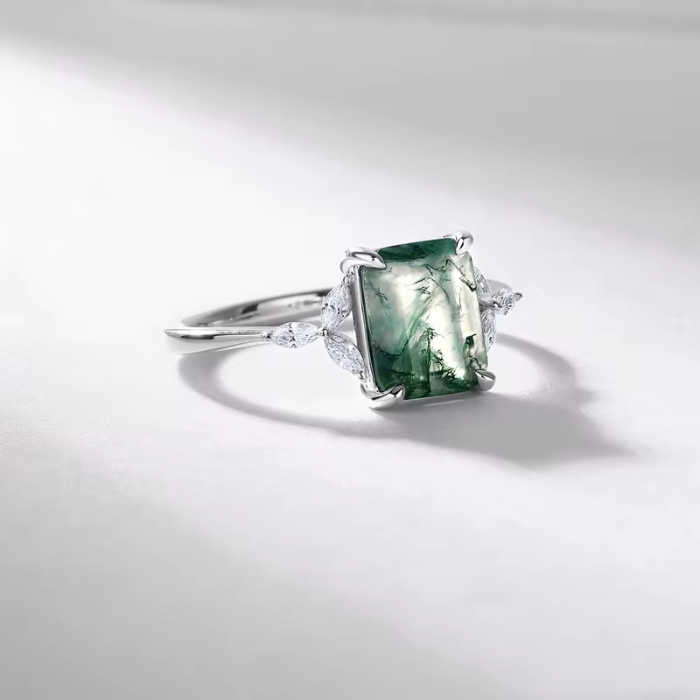 Dhia Emerald Cut Natural Moss Agate Ring