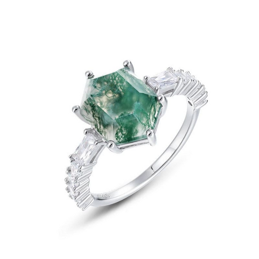 Dhia Hexagonal Natural Moss Agate Baguette Accent Ring