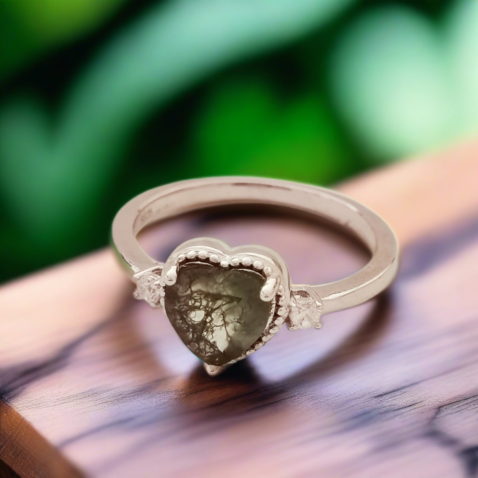 Heart Shaped Moss Green Agate Engagement Ring