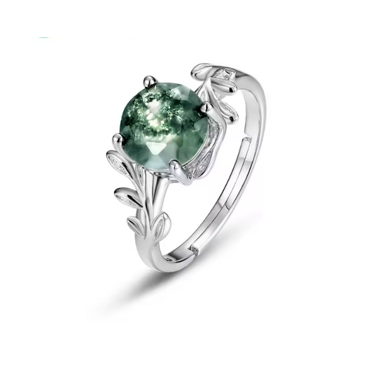 Leaf Twist Natural Moss Agate Adjustable Ring