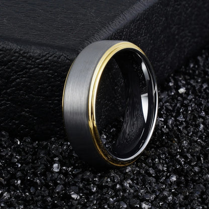 Silver Tungsten Carbide Ring with Gold Beveled Edge