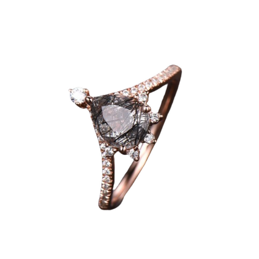 Pear Cut Wish Bone Engagement Black Rutilated Quartz Ring