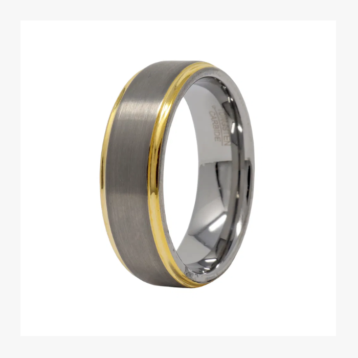 Silver Tungsten Carbide Ring with Gold Beveled Edge