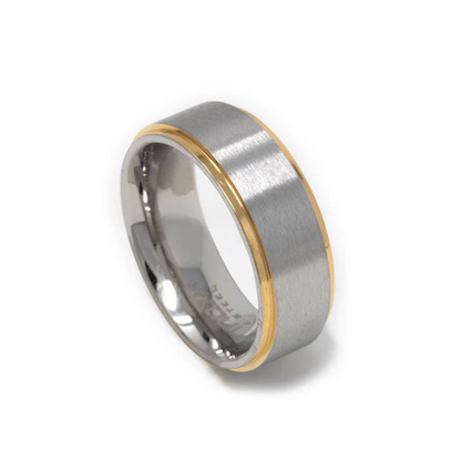 Silver Tungsten Carbide Ring with Gold Beveled Edge