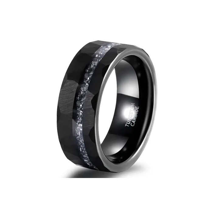 Black Hammered Tungsten Carbide Ring with Meteorite Inlay