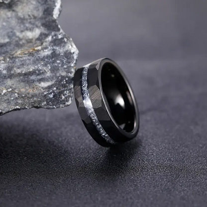 Black Hammered Tungsten Carbide Ring with Meteorite Inlay