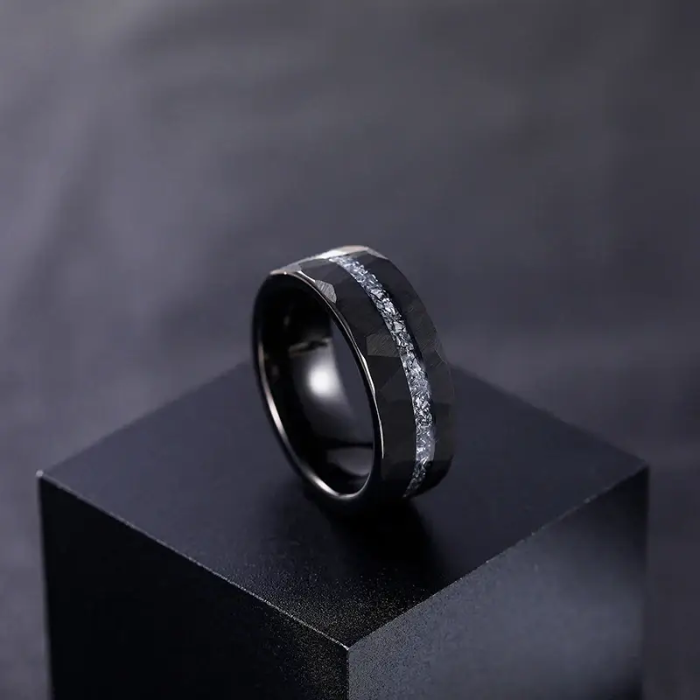 Black Hammered Tungsten Carbide Ring with Meteorite Inlay