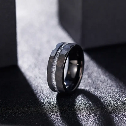 Black Hammered Tungsten Carbide Ring with Meteorite Inlay