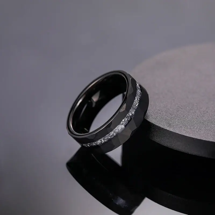 Black Hammered Tungsten Carbide Ring with Meteorite Inlay