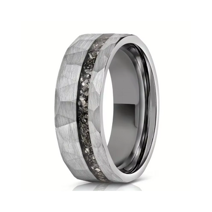 Silver Hammered Tungsten Carbide Ring with Meteorite Inlay