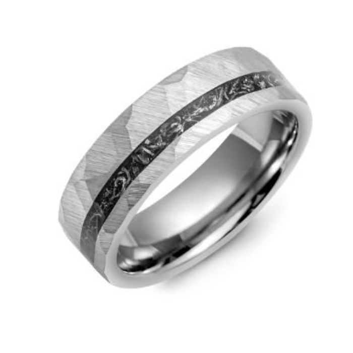 Silver Hammered Tungsten Carbide Ring with Meteorite Inlay