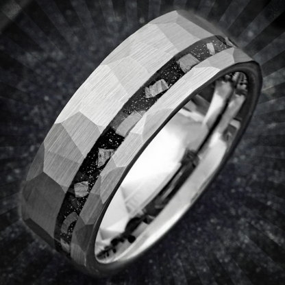 Silver Hammered Tungsten Carbide Ring with Meteorite Inlay