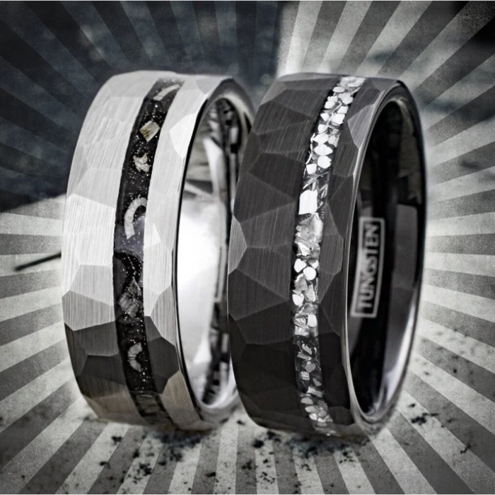 Silver Hammered Tungsten Carbide Ring with Meteorite Inlay