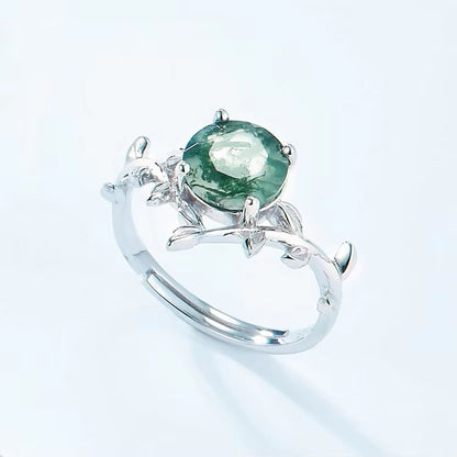 Dhia Leaf Twist Natural Moss Agate Adjustable Ring