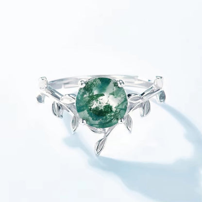 Dhia Leaf Twist Natural Moss Agate Adjustable Ring