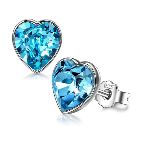 Aquamarine Crystals Heart Stud Earrings