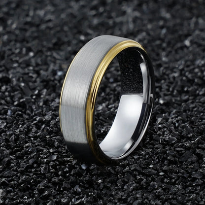 Silver Tungsten Carbide Ring with Gold Beveled Edge