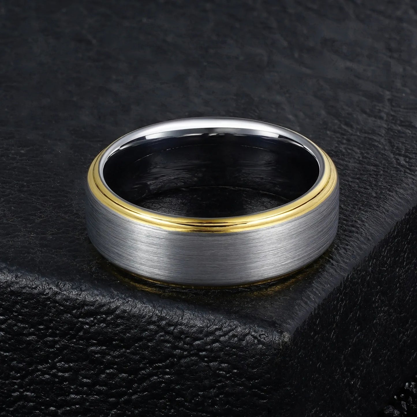 Silver Tungsten Carbide Ring with Gold Beveled Edge