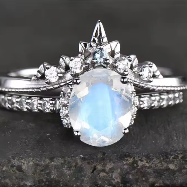 Classic Oval Moonstone Engagement Twin Set Ring